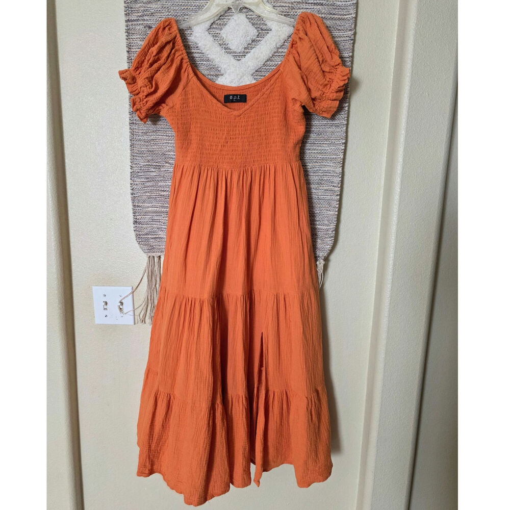 O.P.T Orange Gauze Maxi Dress Women’s Medium M Puff Sleeve Tiered Boho Cotton